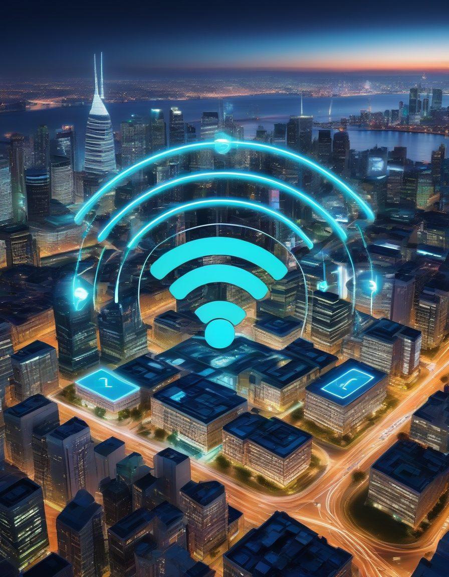 A glowing Wi-Fi symbol radiating waves of connectivity, surrounded by various devices like smartphones, laptops, and smart home gadgets, all seamlessly connecting. The background features a digital cityscape symbolizing advanced technology. Vibrant blue and green colors to represent the wireless spectrum and connectivity. super-realistic. vibrant colors.
