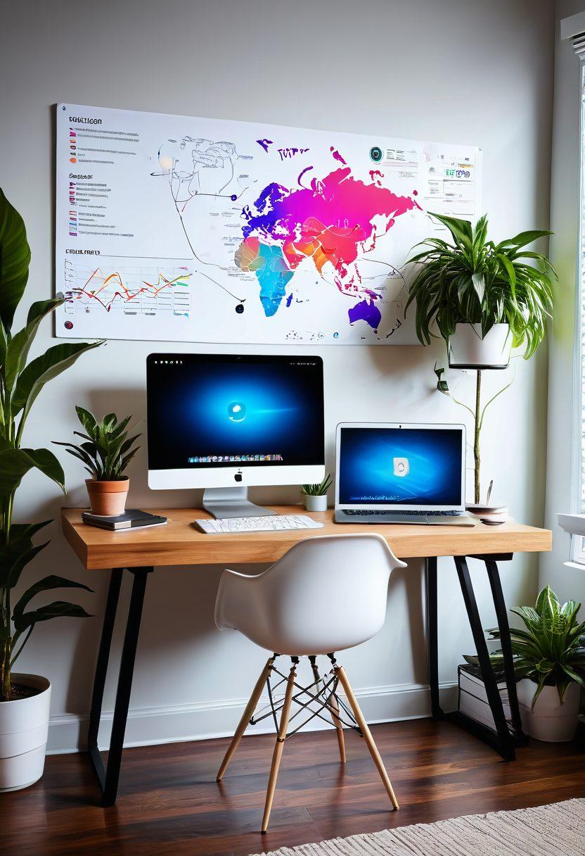 A sleek modern home office setting showcasing various wireless devices such as routers, laptops, and smartphones. A vibrant digital display emphasizes optimal internet speeds with graphical charts and signals radiating from the devices. Cozy ambiance with indoor plants and a well-organized workspace. High-speed internet symbols and glowing Wi-Fi signals in the air. super-realistic. vibrant colors. bright background.