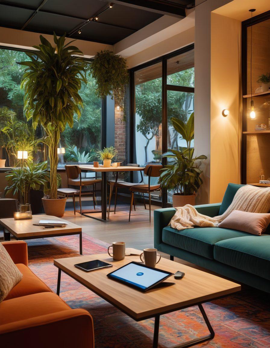 A cozy modern living room with a sleek Wi-Fi router glowing softly on a stylish coffee table, devices connected seamlessly around the space. In the background, a tranquil outdoor café setting with patrons using laptops and tablets, showcasing public networking. Soft, warm lighting and plants add a touch of comfort. super-realistic. vibrant colors. modern style.